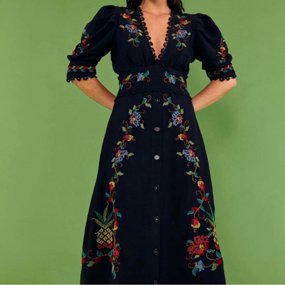 NWT Farm Rio Black Cross Stitch V Neck Dress